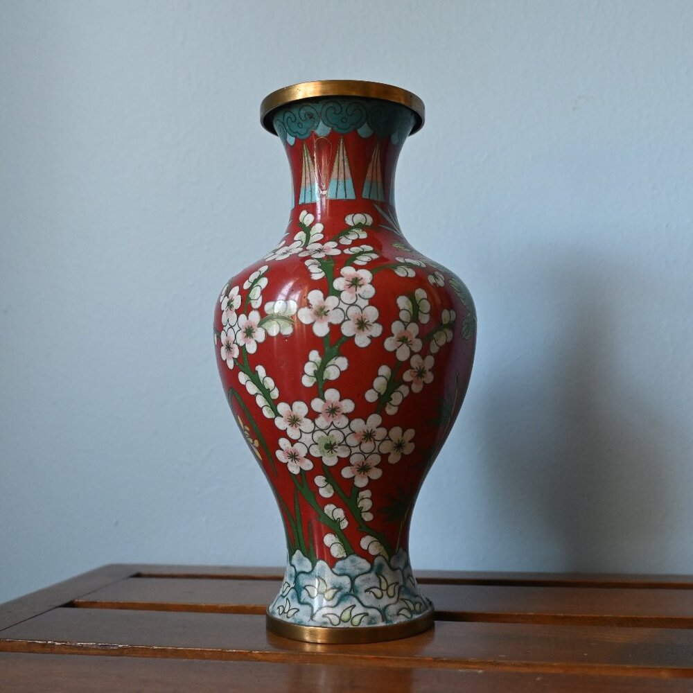 Stunning VTG Chinese Cloisonné Vase 9.5" Red Floral Enamel Cherry Blossom